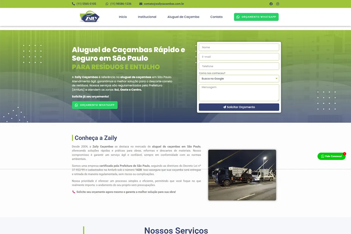 Site Zaily Caçambas desenvolvido pela 2KBytes